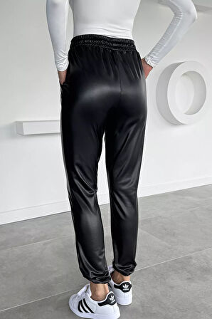 Kadın Bel Ve Paça Lastikli Suni Deri Pantolon