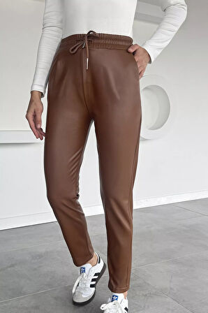 Kadın Bel Lastikli Suni Deri Pantolon