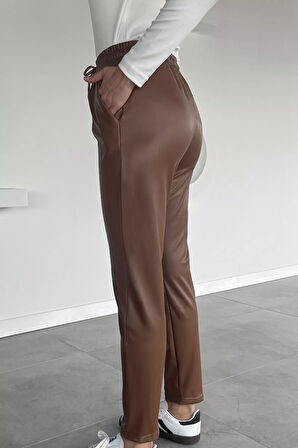 Kadın Bel Lastikli Suni Deri Pantolon