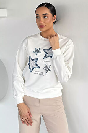 Kadın Bisiklet Yaka Baskılı Taş İşlemeli Sweatshirt