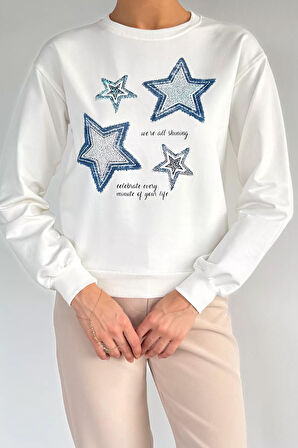 Kadın Bisiklet Yaka Baskılı Taş İşlemeli Sweatshirt