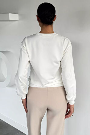 Kadın Bisiklet Yaka Baskılı Taş İşlemeli Sweatshirt