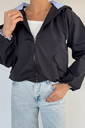 Kadın Kapüşonlu Bel Lastikli Çift Cepli Mevsimlik Mont