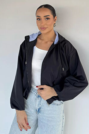 Kadın Kapüşonlu Bel Lastikli Çift Cepli Mevsimlik Mont