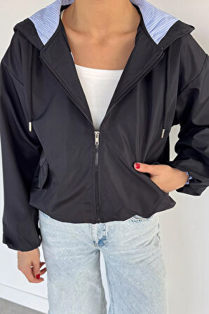 Kadın Kapüşonlu Bel Lastikli Çift Cepli Mevsimlik Mont