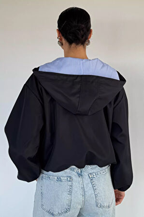 Kadın Kapüşonlu Bel Lastikli Çift Cepli Mevsimlik Mont