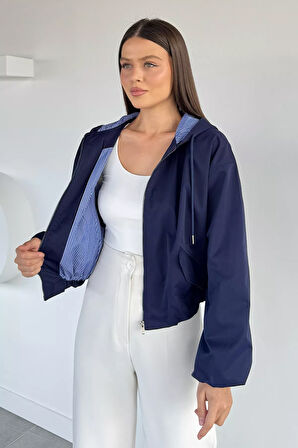 Kadın Kapüşonlu Bel Lastikli Çift Cepli Mevsimlik Mont