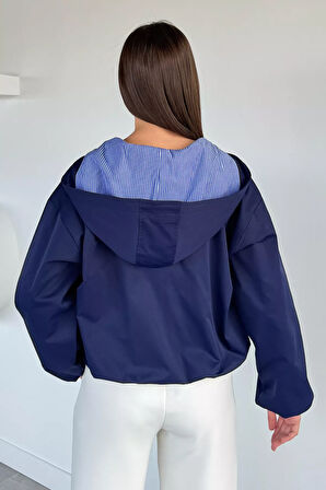 Kadın Kapüşonlu Bel Lastikli Çift Cepli Mevsimlik Mont