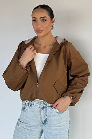 Kadın Kapüşonlu Bel Lastikli Çift Cepli Mevsimlik Mont