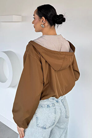 Kadın Kapüşonlu Bel Lastikli Çift Cepli Mevsimlik Mont