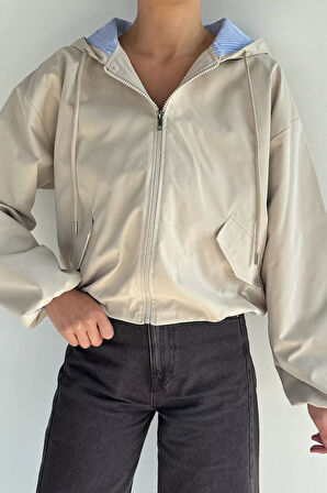 Kadın Kapüşonlu Bel Lastikli Çift Cepli Mevsimlik Mont