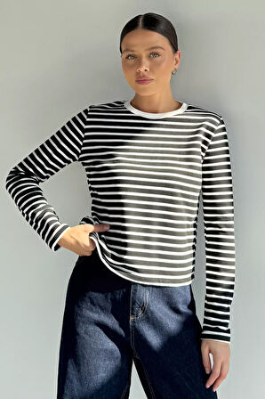 Kadın Bisiklet Yaka Çizgi Desenli Sweatshirt