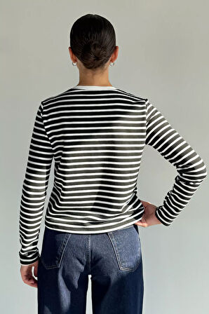 Kadın Bisiklet Yaka Çizgi Desenli Sweatshirt