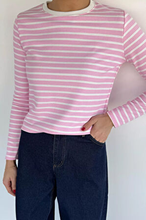 Kadın Bisiklet Yaka Çizgi Desenli Sweatshirt