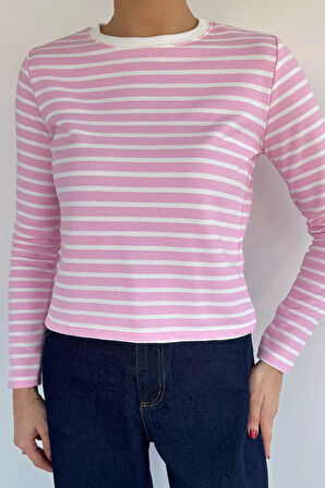 Kadın Bisiklet Yaka Çizgi Desenli Sweatshirt