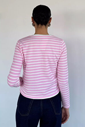 Kadın Bisiklet Yaka Çizgi Desenli Sweatshirt