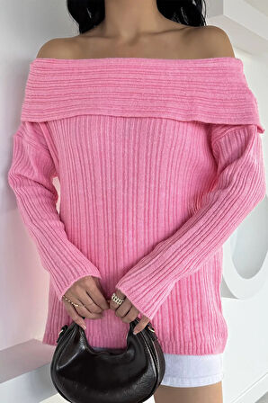 Kadın Madonna Yaka Kendinden Çizgi Desenli Triko Bluz