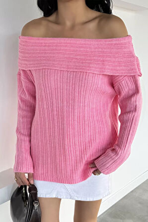 Kadın Madonna Yaka Kendinden Çizgi Desenli Triko Bluz