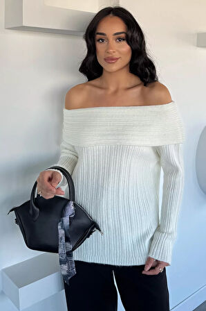 Kadın Madonna Yaka Kendinden Çizgi Desenli Triko Bluz