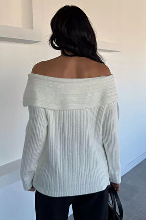 Kadın Madonna Yaka Kendinden Çizgi Desenli Triko Bluz