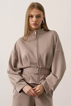 Kadın Fermuar Detaylı Ön Bağlamalı Ceket