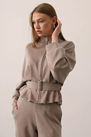 Kadın Fermuar Detaylı Ön Bağlamalı Ceket