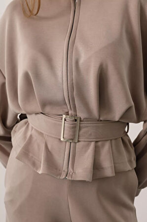 Kadın Fermuar Detaylı Ön Bağlamalı Ceket