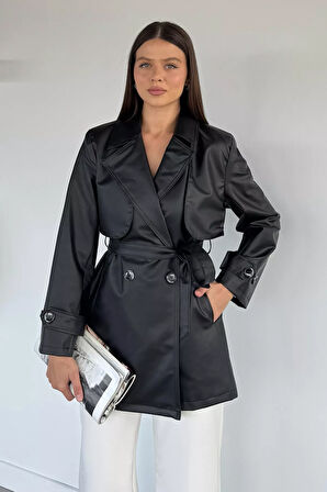 Kadın Çift Cepli Bel Kuşaklı Düğmeli Suni Deri Trençkot