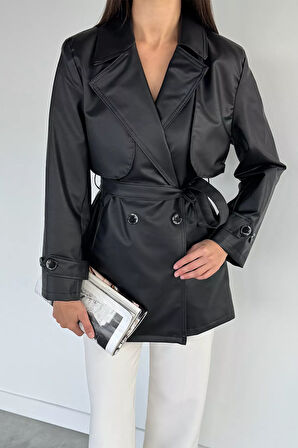 Kadın Çift Cepli Bel Kuşaklı Düğmeli Suni Deri Trençkot