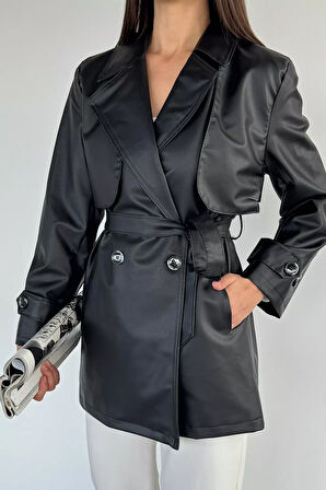 Kadın Çift Cepli Bel Kuşaklı Düğmeli Suni Deri Trençkot