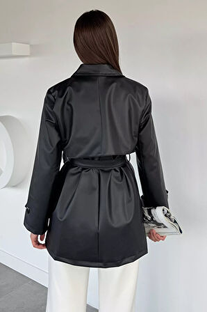 Kadın Çift Cepli Bel Kuşaklı Düğmeli Suni Deri Trençkot