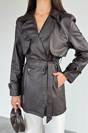 Kadın Çift Cepli Bel Kuşaklı Düğmeli Suni Deri Trençkot