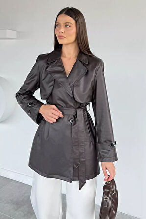 Kadın Çift Cepli Bel Kuşaklı Düğmeli Suni Deri Trençkot