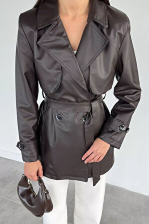 Kadın Çift Cepli Bel Kuşaklı Düğmeli Suni Deri Trençkot