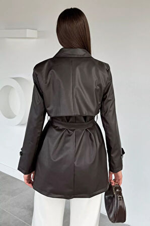 Kadın Çift Cepli Bel Kuşaklı Düğmeli Suni Deri Trençkot