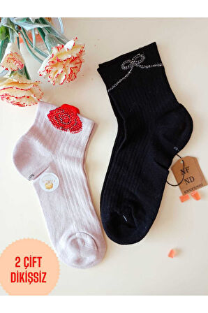 2 ÇİFT PAMUKLU DİKİŞSİZ GÜLTAŞLI KOKULU LİKRA LASTİKSİZ KISAKONÇ ÇORAP PEMBE SİYAH KADIN ÇORABI 3640