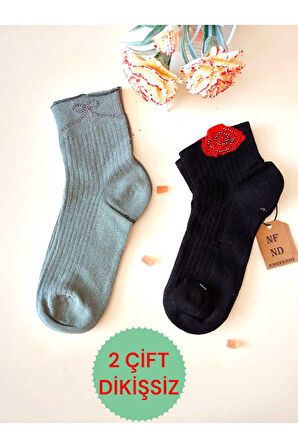 2 ÇİFT PAMUKLU BURUN DİKİŞSİZ GÜLTAŞLI KOKULU LİKRALI KISAKONÇ ÇORAP YEŞİL SİYAH KADIN ÇORABI 36-40
