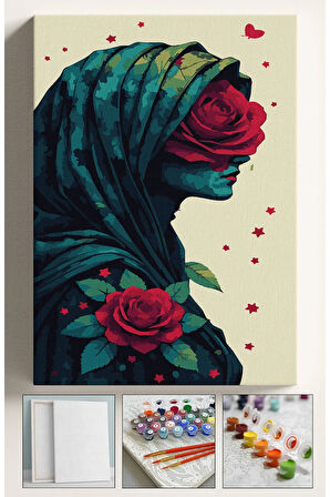 Sayılarla Boyama Seti Numaralı Tuval Fırça Boya 40x50 Cm Gül ve Kadın