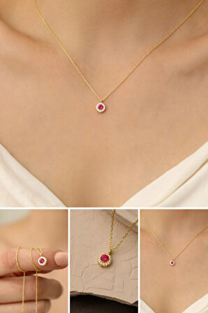 925 Ayar Gümüş Lal Taşlı ( Garnet ) Elmas Montür Minimalist Kolye