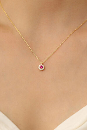 925 Ayar Gümüş Lal Taşlı ( Garnet ) Elmas Montür Minimalist Kolye