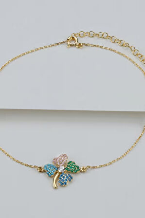 925 Ayar Gümüş Renkli Taşlı Yonca Halhal 