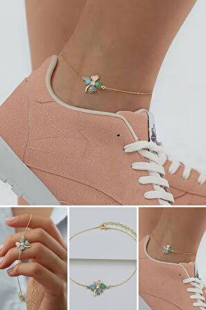 925 Ayar Gümüş Renkli Taşlı Yonca Halhal 