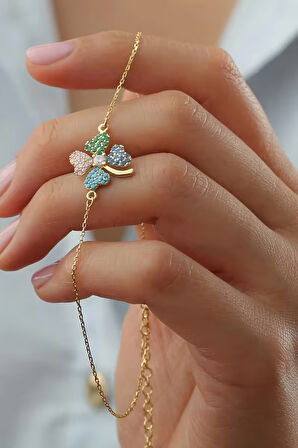 925 Ayar Gümüş Renkli Taşlı Yonca Halhal 