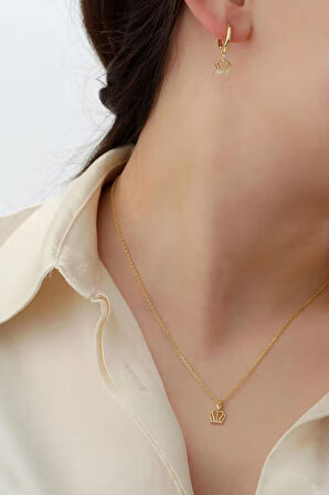 925 Ayar Gümüş Taçlı Kolye Küpe Takı Seti