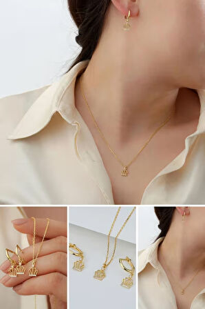 925 Ayar Gümüş Taçlı Kolye Küpe Takı Seti