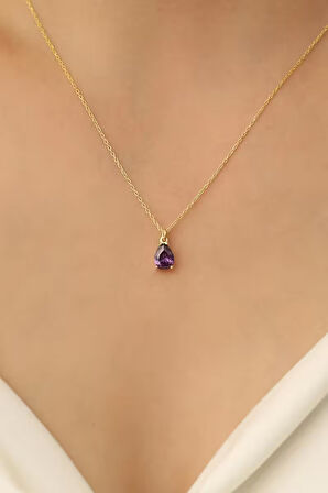 925 Ayar Gümüş Mor Taşlı Damla Kolye