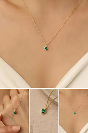 925 Ayar Gümüş Yeşil Taş Detaylı Kalp Kolye