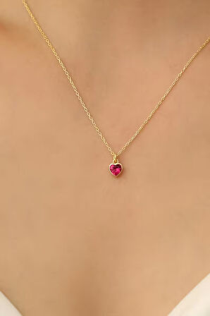 925 Ayar Gümüş Kırmızı Kalp Detaylı Kalp Kolye