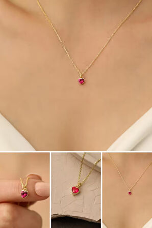 925 Ayar Gümüş Kırmızı Kalp Detaylı Kalp Kolye