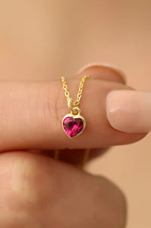 925 Ayar Gümüş Kırmızı Kalp Detaylı Kalp Kolye